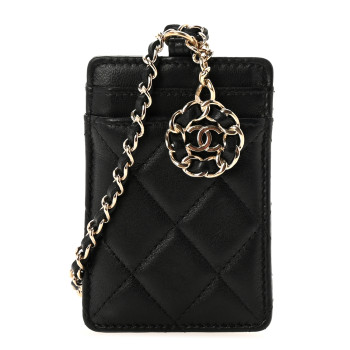 CHANEL Lambskin Quilted Card Holder On Chain Black