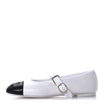 CHANEL Lambskin Mary Jane Flats 37.5 White Black