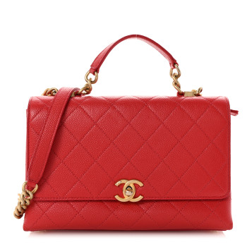 CHANEL Caviar Diamond Stitched Small Top Handle Flap Red