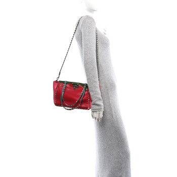 VALENTINO GARAVANI Vitello Colorblock Small Rockstud Tote Deep Rose Clover Grey Scarlet