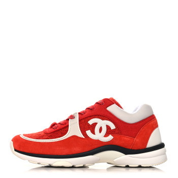 CHANEL Tweed Suede Felt CC Sneakers 40 Red