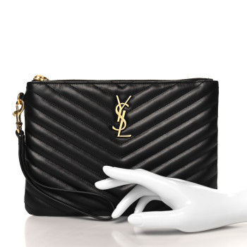 SAINT LAURENT Calfskin Matelasse Chevron Monogram A5 Wristlet Black