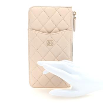 CHANEL Caviar Quilted Classic iPhone Pouch Light Beige