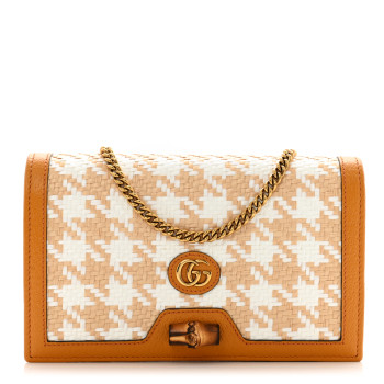 GUCCI Polished Raffia Textured Dollar Calfskin Houndstooth Mini Diana Chain Bag Natural Sun Oil Mystic White