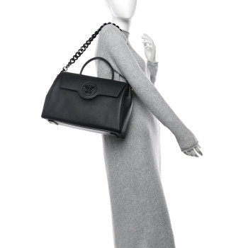 VERSACE Grained Calfskin Large La Medusa Top Handle Bag Black Lilac