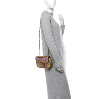 GUCCI Metallic Calfskin Matelasse Mini GG Marmont Shoulder Bag Gold Pink