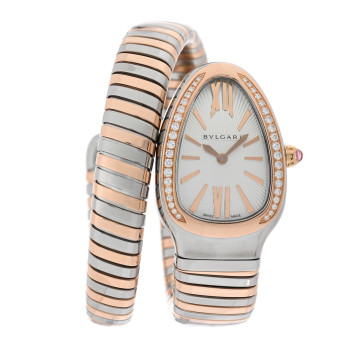 BULGARI Stainless Steel 18K Rose Gold Diamond Bezel 35mm Serpenti Tubogas Quartz Watch