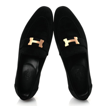 HERMES Velvet Womens Paris Loafers 38.5 Black