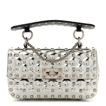 VALENTINO GARAVANI Metallic Patent Quilted Small Rockstud Spike Shoulder Bag Silver