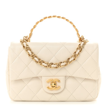 CHANEL Shiny Lambskin Quilted Golden Links Top Handle Flap White