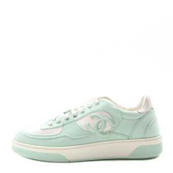 CHANEL Cotton Sneakers 40.5 Light Turquoise White
