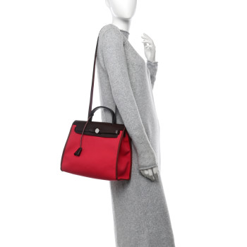 HERMES Vache Hunter Toile Herbag Zip 31 PM Rouge Venetian Rouge Sellier