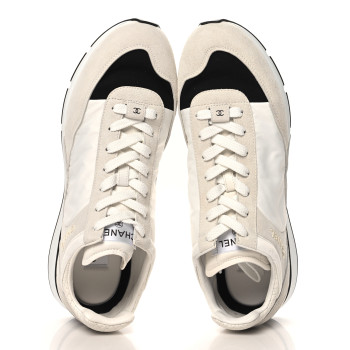 CHANEL Nylon Suede Kidskin Calfskin Logo Sneaker 45 White Black