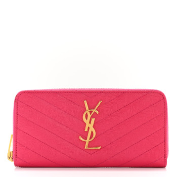 SAINT LAURENT Grain De Poudre Matelasse Chevron Monogram Zip Around Wallet Fuchsia