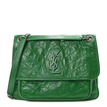 SAINT LAURENT Crinkled Calfskin Matelasse Monogram Medium Niki Chain Satchel New Vert Praire