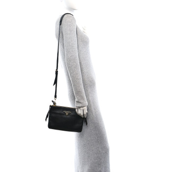 PRADA Vitello Phenix Double Zip Crossbody Bag Black