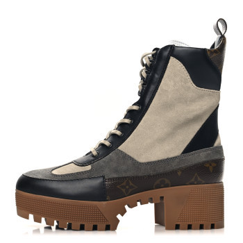 LOUIS VUITTON Suede Calfskin Monogram Laureate Platform Desert Boots 38 Beige