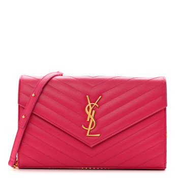 SAINT LAURENT Grain De Poudre Matelasse Chevron Monogram Chain Wallet Lipstick Fuchsia
