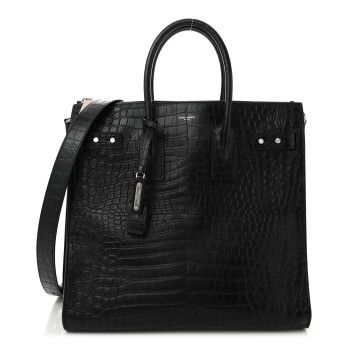 SAINT LAURENT Calfskin Crocodile Embossed Souple North South Tote Black