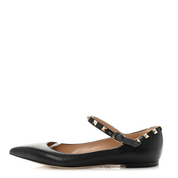 VALENTINO GARAVANI Pebbled Calfskin Rockstud Ankle Strap Ballerina Flats 38 Black