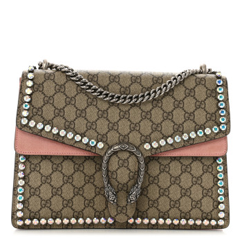 GUCCI GG Supreme Monogram Suede Crystal Medium Dionysus Shoulder Bag Beige Ebony Light Peonia