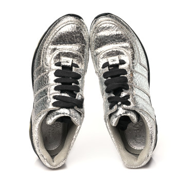 CHANEL Metallic Crackled Calfskin CC Sneakers 39.5 Silver Black Navy