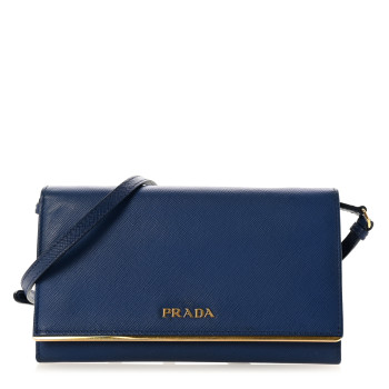 PRADA Saffiano Metal Bar Flap Wallet with Strap Bleuette