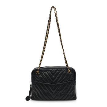CHANEL Lambskin Chevron Quilted Camera Case Black
