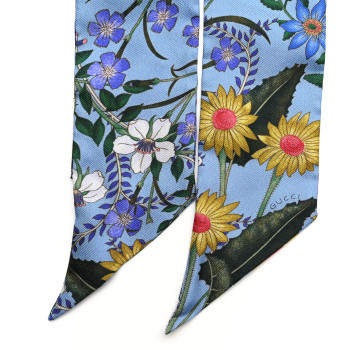 GUCCI Silk Twill Newflora Neck Bow Scarf Bluette