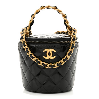 CHANEL Patent Quilted Afternoon Tea Top Handle Mini Vanity Case With Chain Black