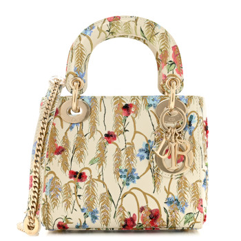 CHRISTIAN DIOR Calfskin Hibiscus Printed Embroidered Mini Lady Dior Beige Multicolor