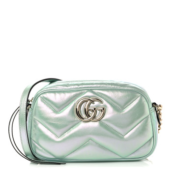 GUCCI Iridescent Nappa Chevron Matelasse Small GG Marmont Chain Shoulder Bag Iridescent Salvy Green