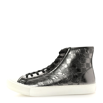 LOUIS VUITTON Metallic Patent Calfskin Embossed Damier Mens High Top Sneakers 8.5 Grey