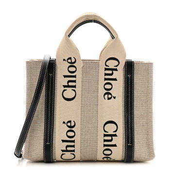 CHLOE Cotton Calfskin Small Woody Ribbon Tote With Strap White Navy