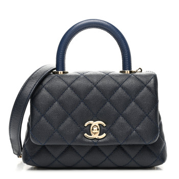 CHANEL Caviar Lizard Embossed Quilted Extra Mini Coco Handle Flap Navy