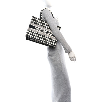 CHRISTIAN DIOR Canvas Macro Houndstooth Embroidered Medium Book Tote Black White