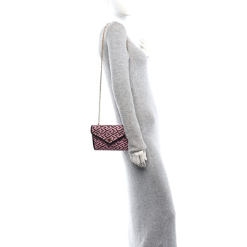 VERSACE Coated Canvas La Greca Signature Wallet On Chain Black Pink