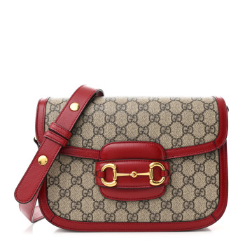 GUCCI GG Supreme Monogram Azalea Calfskin Horsebit 1955 Shoulder Bag Beige Ebony New Cherry Red