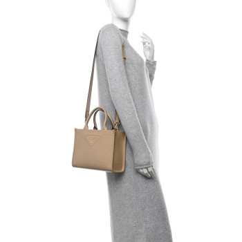 PRADA Soft Calfskin Triangolo Symbole Embossed Mini Tote Sabbia