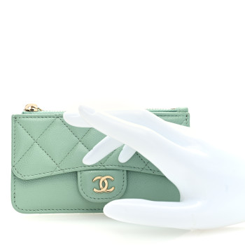 CHANEL Caviar Quilted Flap Zip Card Holder Light Green