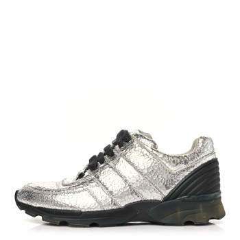 CHANEL Metallic Crackled Calfskin CC Sneakers 39.5 Silver Black Navy