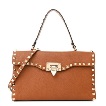 VALENTINO GARAVANI Pebbled Calfskin Small Rockstud Single Handle Flap Bag Light Cuir