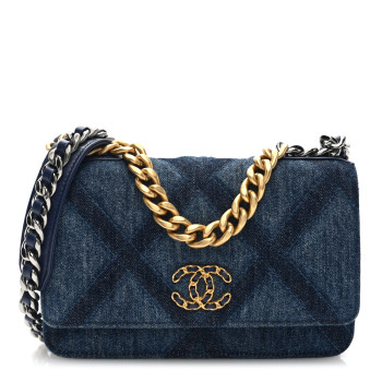 CHANEL Denim Quilted Chanel 19 Wallet On Chain WOC Blue