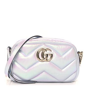 GUCCI Iridescent Nappa Chevron Matelasse Small GG Marmont Chain Shoulder Bag Iridescent Snow Light Blue