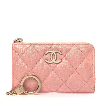 CHANEL Iridescent Caviar Quilted Zipped Key Holder Case Rose Pink