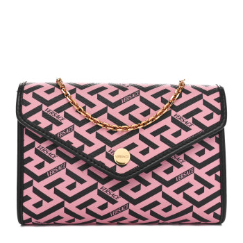 VERSACE Coated Canvas La Greca Signature Wallet On Chain Black Pink