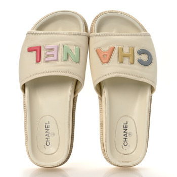 CHANEL Lambskin Cha-Nel Mule Sandals 38 Ivory Multicolor