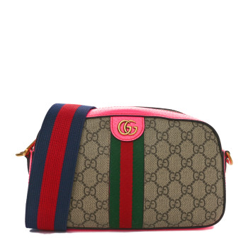 GUCCI GG Supreme Monogram Textured Dollar Calfskin Web Ophidia Small Crossbody Bag Beige Ebony Fuchsia