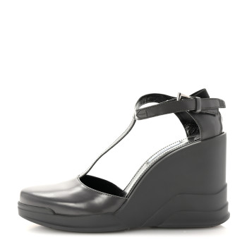 PRADA Spazzolato Mary Jane T Strap Wedge Pumps 40 Mercurio