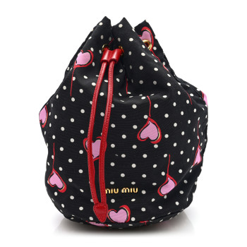 MIU MIU Nylon Polka Dots Heart Print Drawstring Pouch Black Multicolor